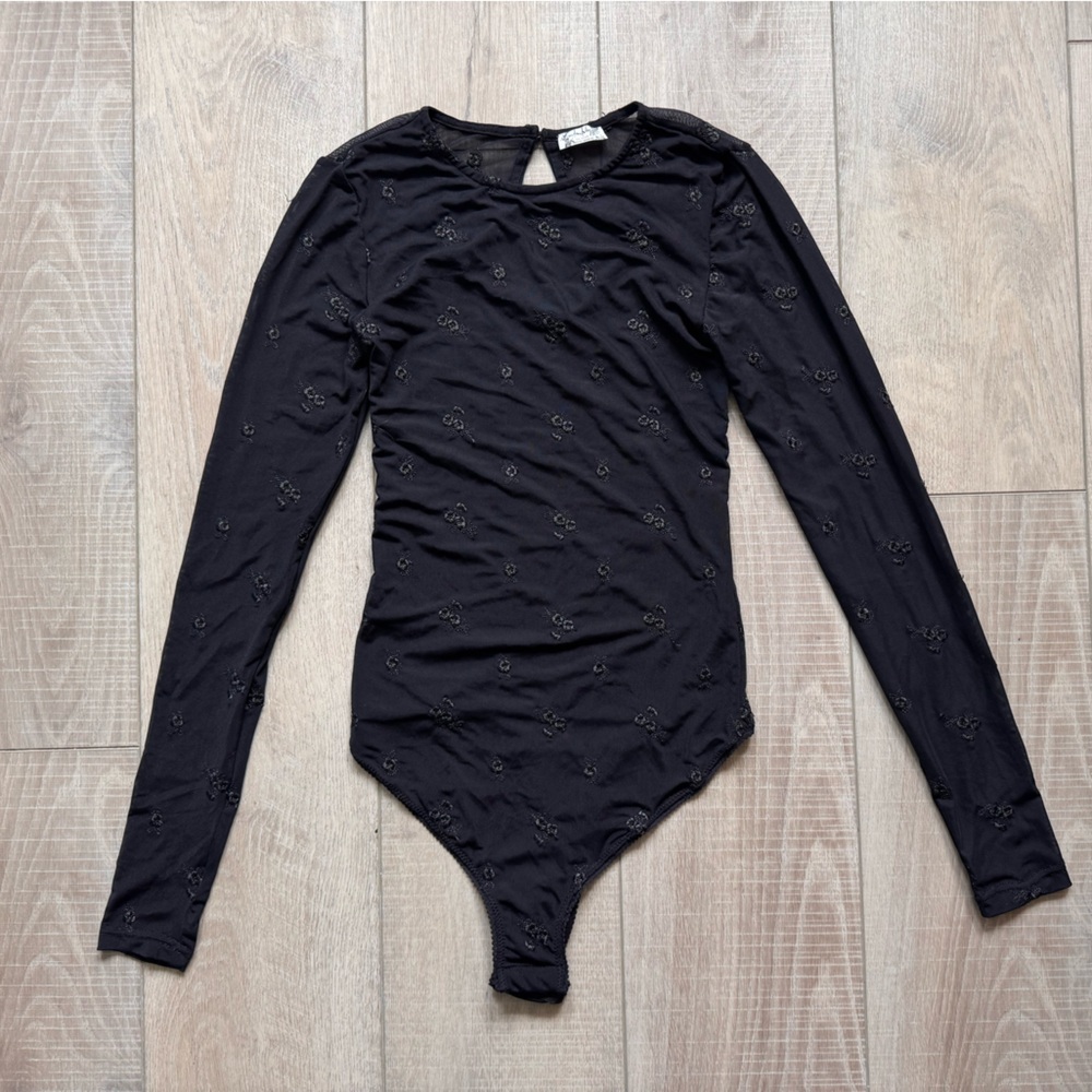 Free People Black Floral Embroidered Mesh Bodysuit Sz XS Whimsigoth Boho